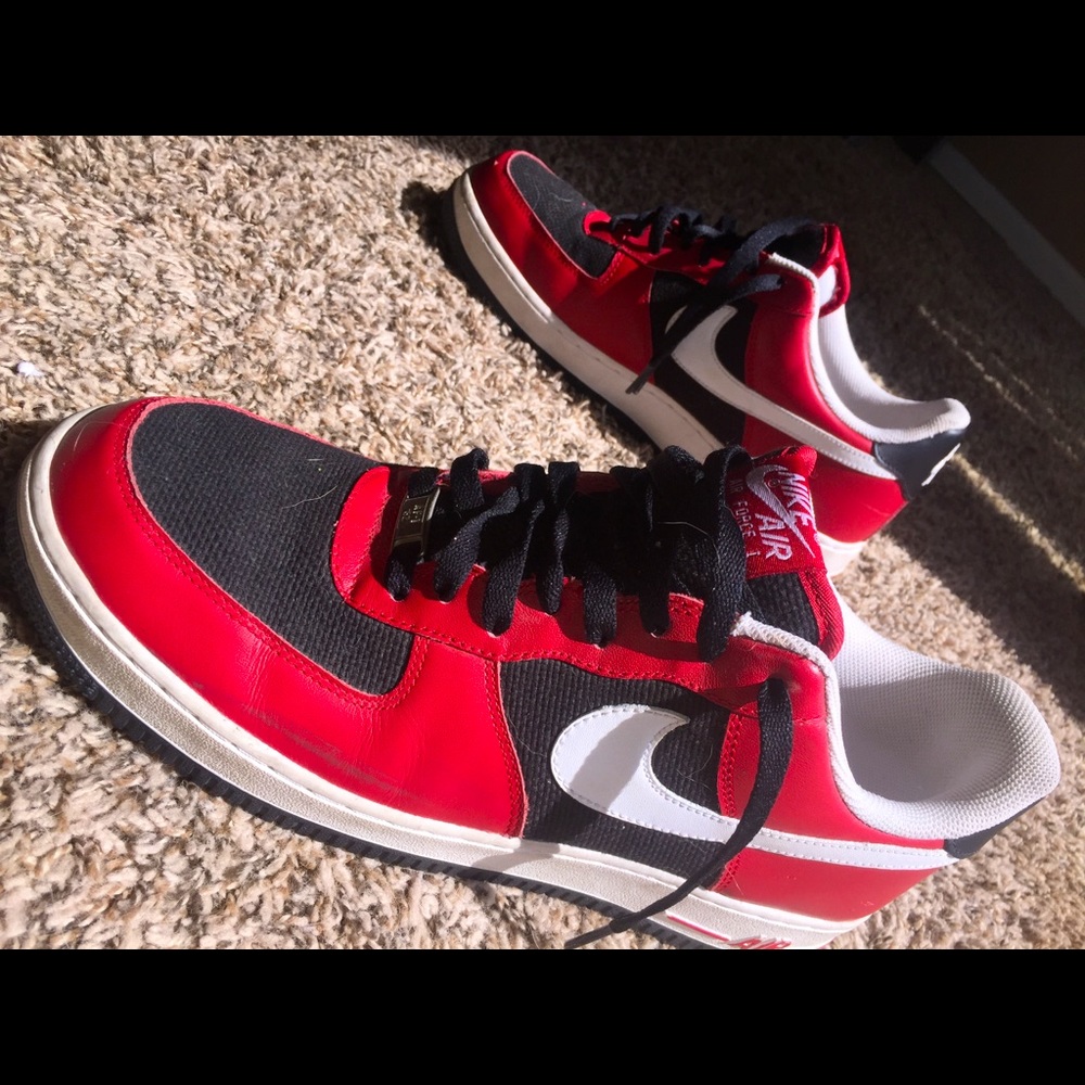 RED AND BLACK NIKE AIR FORCE ONES